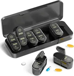 Weekly AM/PM Pill Organizer - Compact Travel Medicine Case (Black)