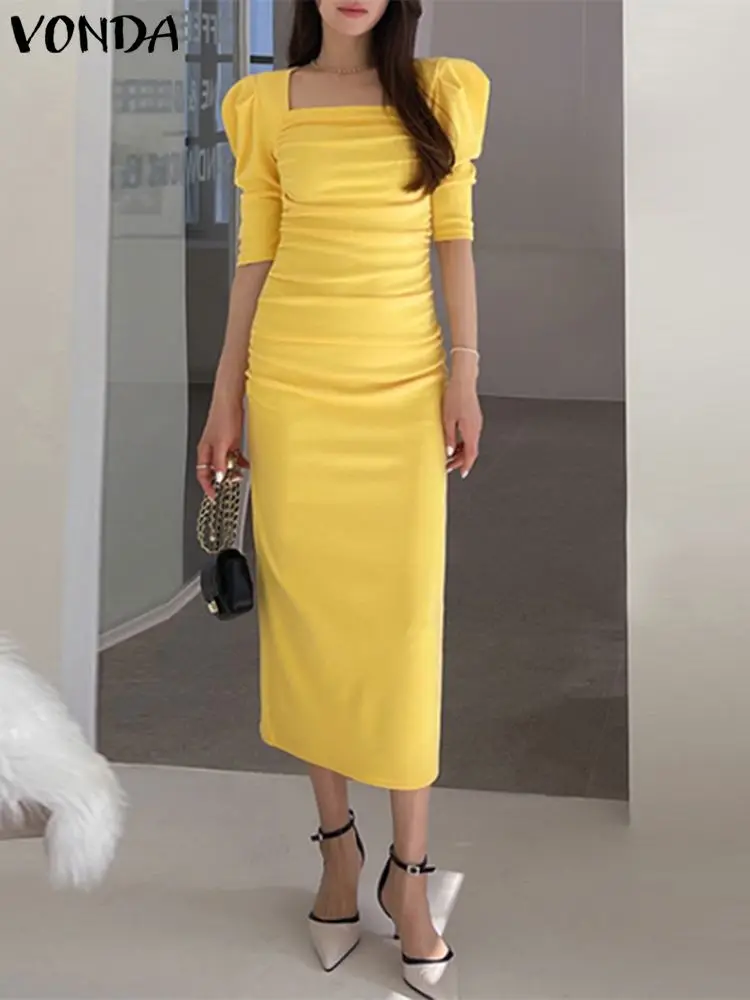 

VONDA Elegant Summer Satin Midi Dress Women Fashion Sundress 2023 Casual Solid Sexy Square Sleeve Pleated Half Sleeve Party Robe