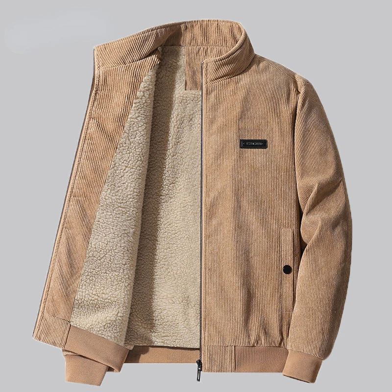 Winter Men Jacket Fleece Lined Bomber Jacket Vintage Corduroy Coat Zipper Long Sleeves Warm Windbreaker Casual Loose Outerwear