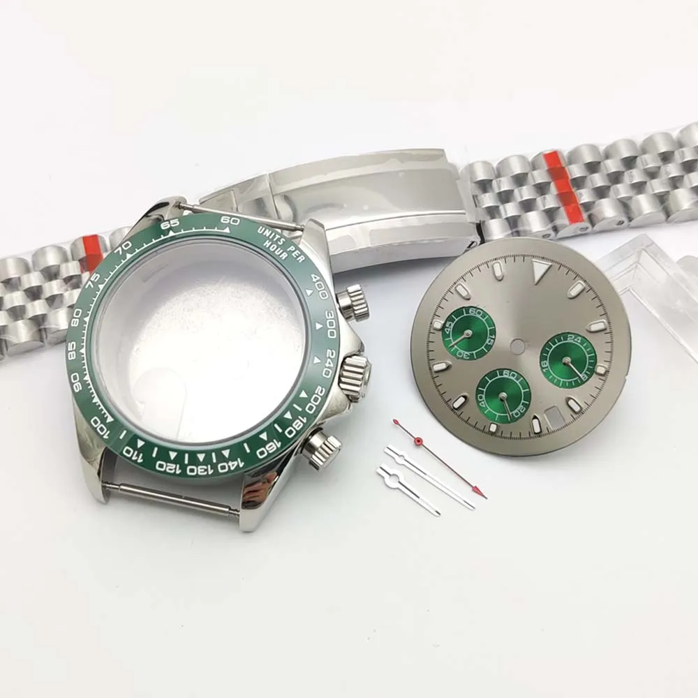 Men's quartz watch set 40 mm, silver-coloured stainless steel case for calibre VK63, various dials, matching bracelets