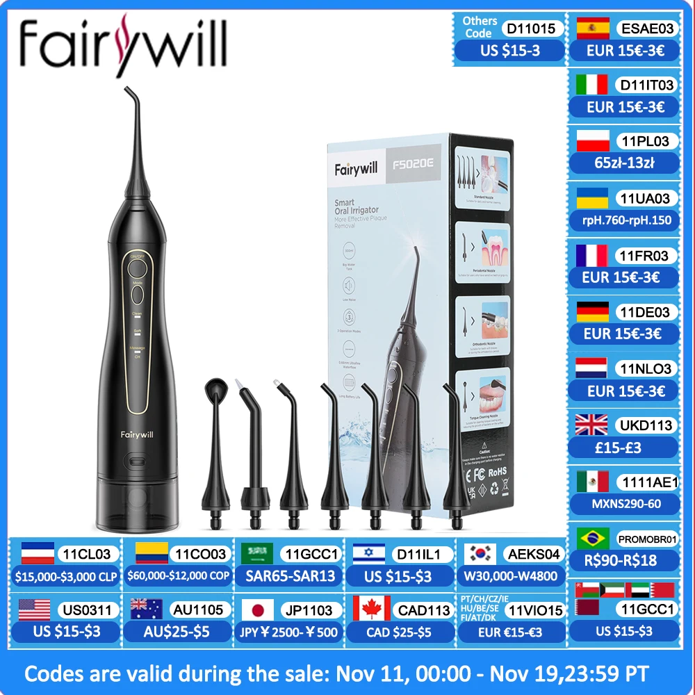 Fairywill irygator wodny do zębów 300ML irygator doustny akumulator przenośny Dental 3 tryby zbiornik na wodę wodoodporny środek do czyszczenia zębów - AliExpress 6