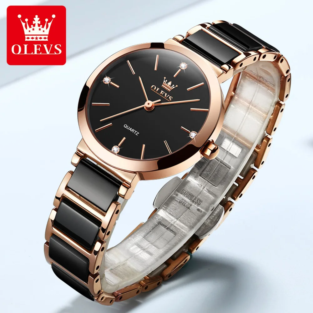 OLEVS Women's Luxury Rose Gold Quartz Watch with Ceramic Strap