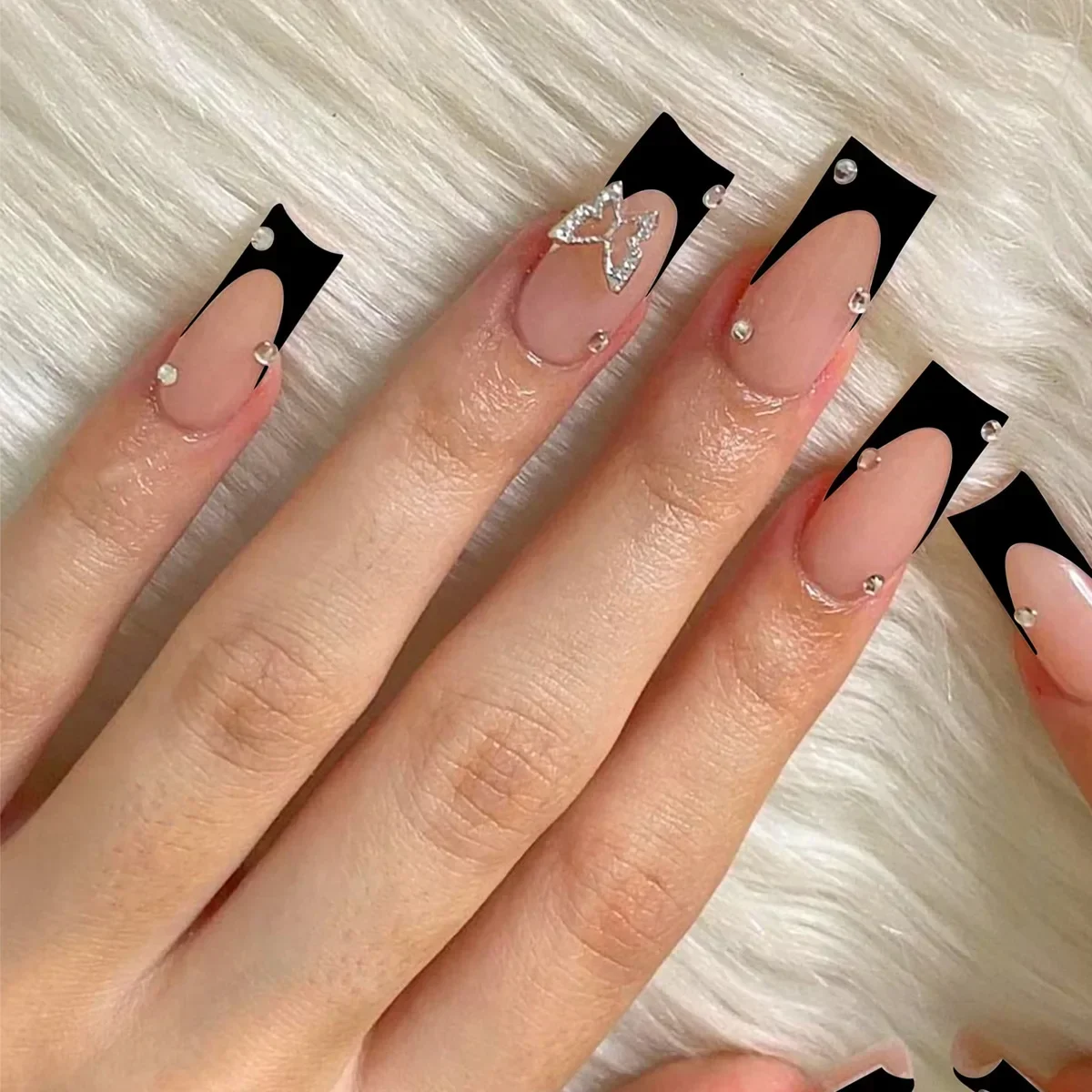 False Nails 24pcs with glue butterfly design Long Coffin French Ballerina Fake Nails Full Cover acrylic Nail Tips Press On
