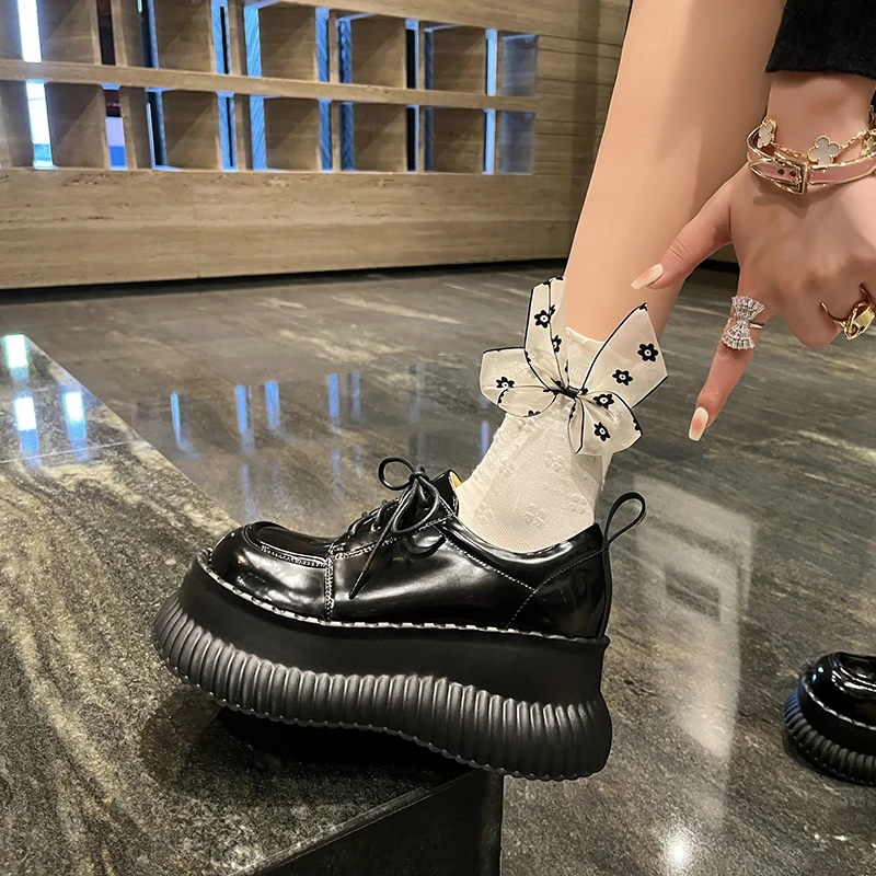 Spring and Fal Leather Thick Sole Platform Chunky Heels Women Pumps Solid Color Up Round Toe Fashion Concise Casual Female Shoes