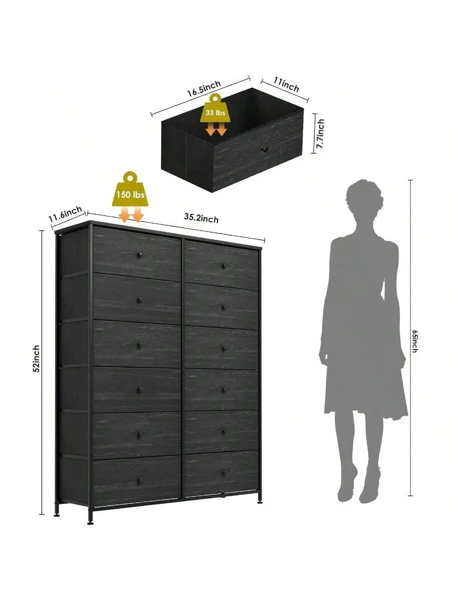 Arlopu 12-Drawer Dresser 35.2 Widened 6-Layer Fabric Storage Tower w Textured Print Fabric Bins Tall Chest Organizer Uni 3