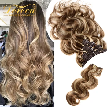 Doreen Hair Brown Blonde Highlight Clip in Full Head 160g 200g  Real Remy Natural Human Hair Extensions Clip ins Hairpieces Wavy