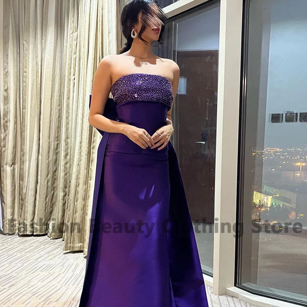 

Fashion Strapless Prom Dress With Beads Mermaid Satin Formal Party Dress Bow Draped Sweep Train Backless فساتين سهره فاخره