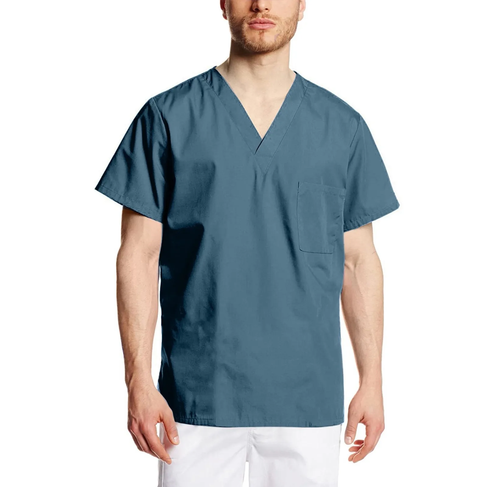 Medical Uniform Mens Nurse Tunic Scrubs Solid V Neck Short Sleeve Blouses Hospital Tops Surgical Workwear Male Dentist Tee heart rhythm pattern uniform v neck top 2021 summer new workwear hospital surgical women ladies short sleeve nurse jersey blouse