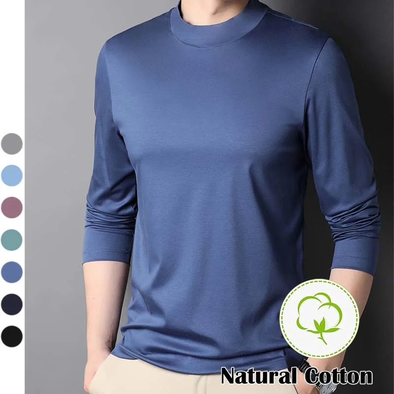 

100% Mercerized Cotton Plain T Shirt Men Turtleneck Long Sleeve Winter Undershirt Korean Clothes Man Solid Color High Quality XL