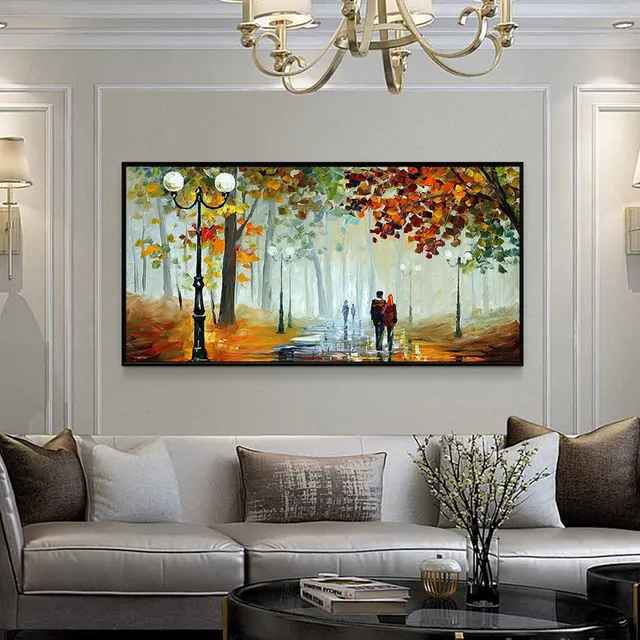 Large 3D Oil Painting Handmade Multi-Color Thick Painting Landscape Wall Art Canvas Romantic Couple In Forest Artwork Home Decor