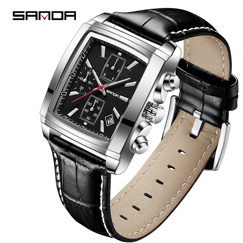 SANDA new three eye six pin belt men quartz watch fashion square waterproof scale watch sk часы женские sanda new men s leather belt quartz scale true six pin leisure creative cool fashion watch