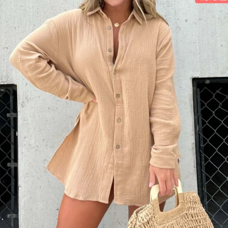 Cotton Long Sleeves Shirts Shorts Women Two Sets Solid Shirt Office Lady Chic Jacket Breathable Sunscreen Vintage Suits Blouse summer solid color satin pants sets women fashion casual loose lady short sleeves v neck t shirt wide leg trousers two piece set