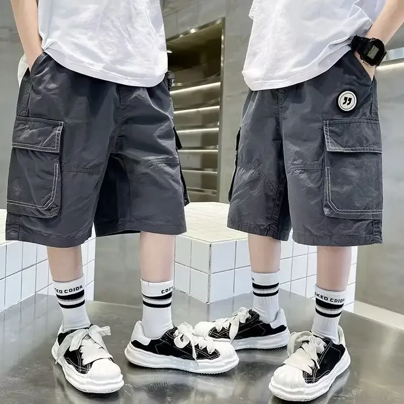 

2024 Boys Shorts Summer Kids Loose Trousers Teen Boys Casual Thin Multi-Pocket Cargo Short Pants Children's Cotton Pants 4-14Y