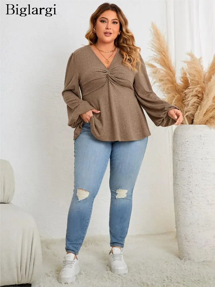 

Plus Size Autumn V-Neck Pullover Tops Women Ruffle Pleated Modis Ladies Cropped Blouses Long Sleeve Casual Loose Woman Tops 2023