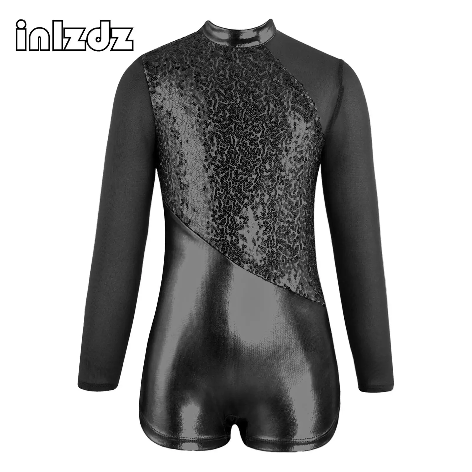 

Kids Girls Shiny Short Jumpsuit Gymnastics Ballet Long Sleeves Sequins Bodysuit Leotard Ballerina Unitard Biketard Dancewear