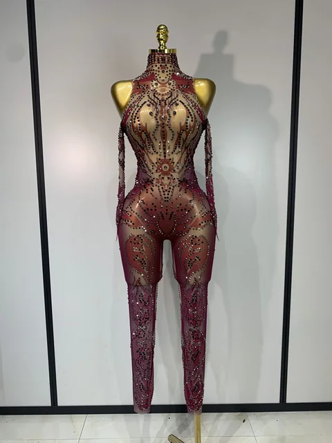 Sparkly Rhinestone Sexy Mesh Bodycon Jumpsuit Nightclub Bar Evening Party Gogo Dancer Clothing Drag Queen Outfit Stage Costume