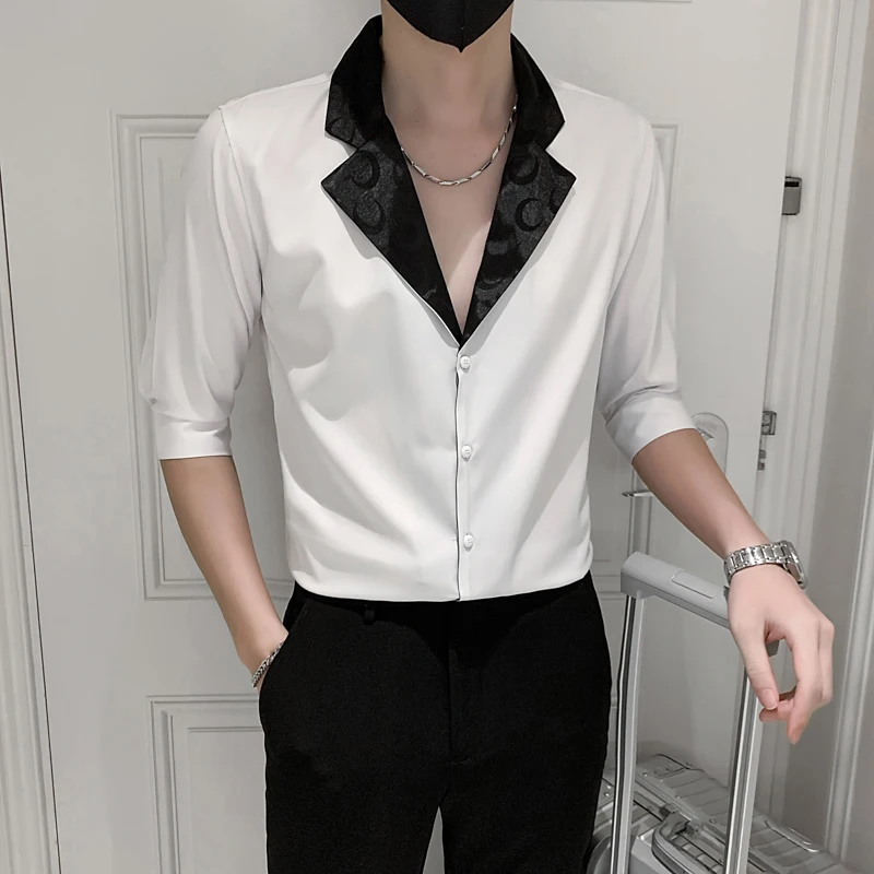 Camisas elegantes Vintage para hombre, camisas de vestir de caballero para fiesta, blusa grande cuello en V, corte entallado, ropa blanca para boda, ropa Social elegante| | -