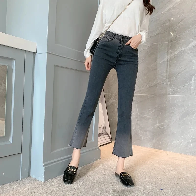 

Women Large Size Jeans High Waist Fashion Flare Denim Pants Trendyol Gradient Blue Crop Trousers Korean 2022 New Summer Clothes