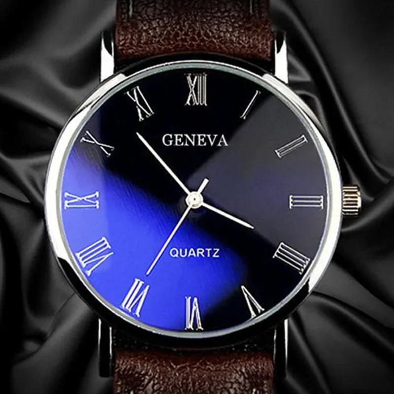 

Geneva Men Watch Roman Numerals Blu-Ray Faux Leather Band Quartz Wristwatches Analog Business Wrist Watch Sale Relogio Masculino
