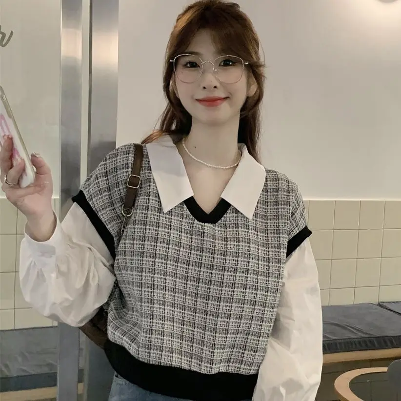 

2022 New Design Sense Loose Polo Collar Pullover Waistcoat Panel Fake Two Long Sleeve Shirt Free Shipping