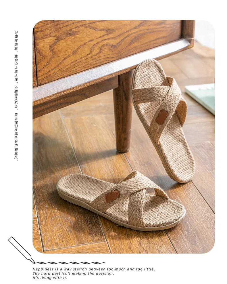 Men Shoes Slippers Linen Home Indoor Open Toe Flat Shoe Beach Slippers Striped Spliced Rubber Sandals Zapatillas Hombre