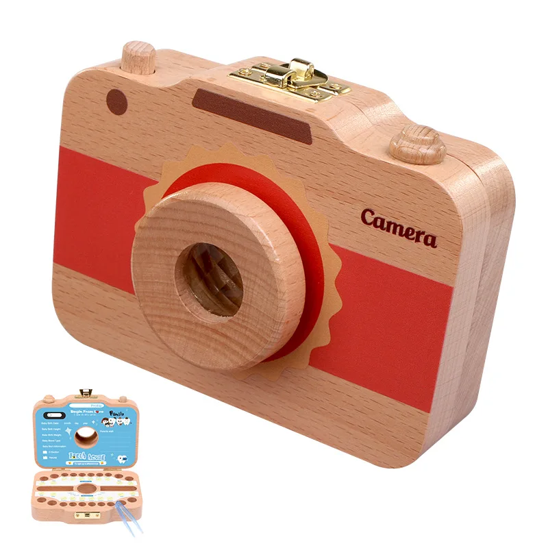 Cartoon Camera Wooden Baby Tooth Box Organizer Kids Milk Teeth Storage Collect Fetal Hair Save Case Souvenir Baby Accessorie
