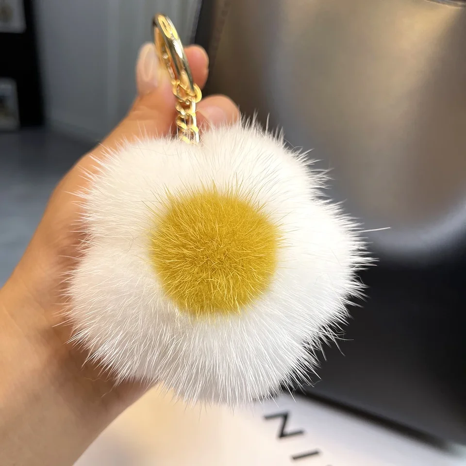 Portachiavi In Vera Pelliccia Di Visone | Ciondolo A Fiore O Pompom Per Borsa, Auto O Regalo