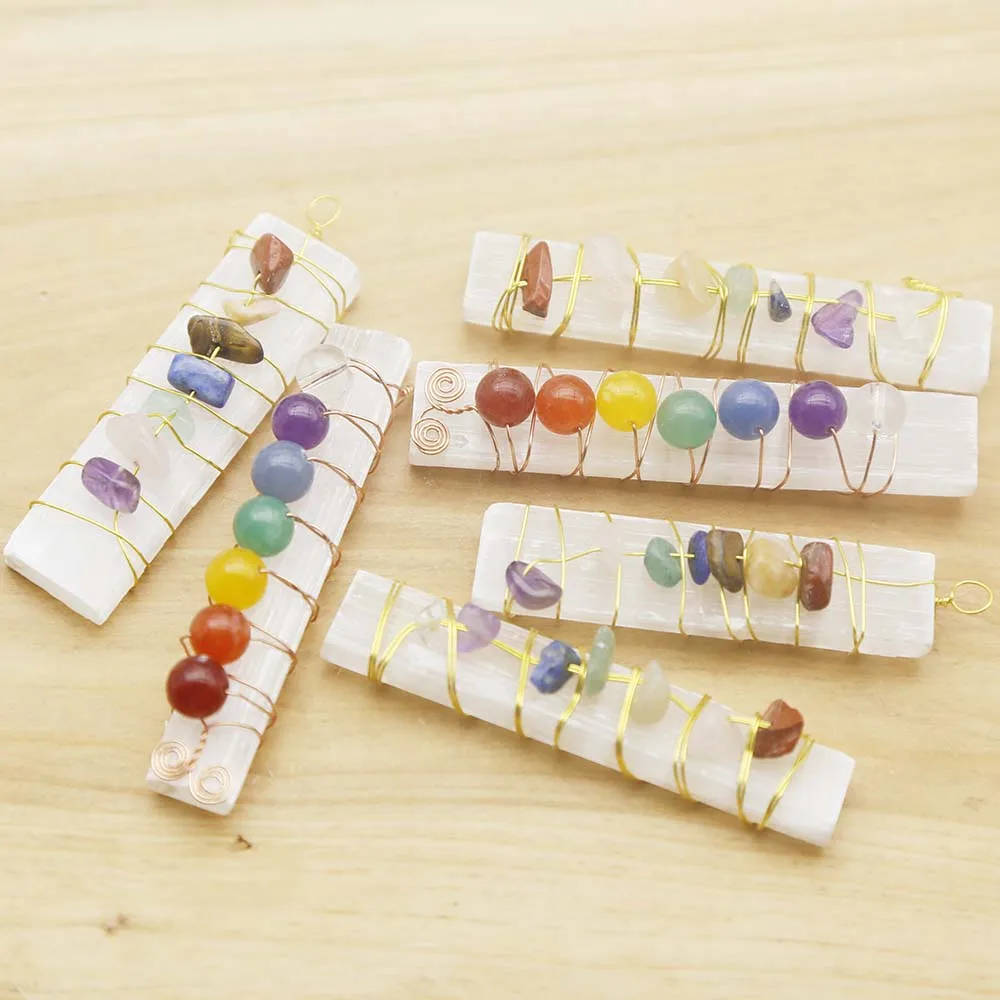 Natural Raw Stone Gypsum Winding 7Color Stone Pendant DIY Gypsum Long Strip Mineral Crystal Pendant Wholesale 6Pcs Free Shipping
