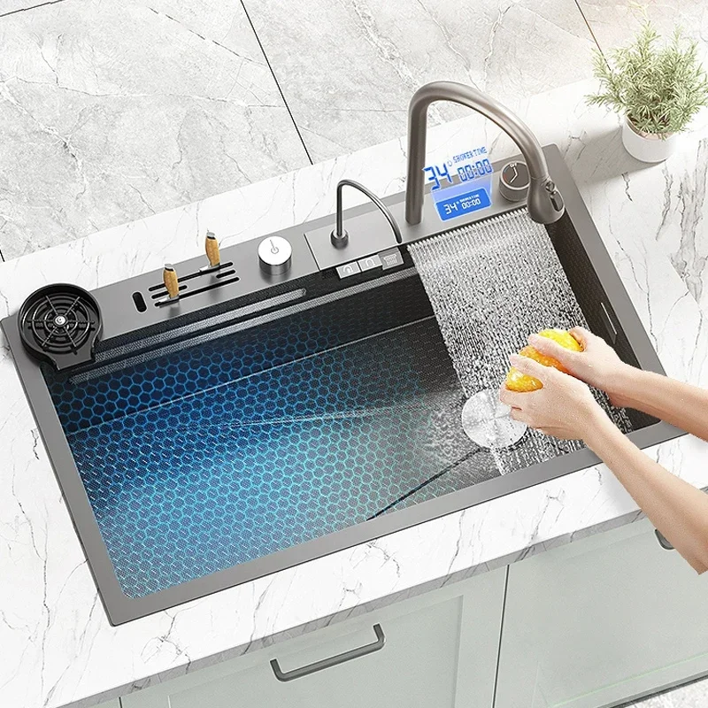 304 Stainless Steel Kitchen Sink Digital Display Embossed Waterfall Sink Large Single Slot  Multifunctional Wash Basin