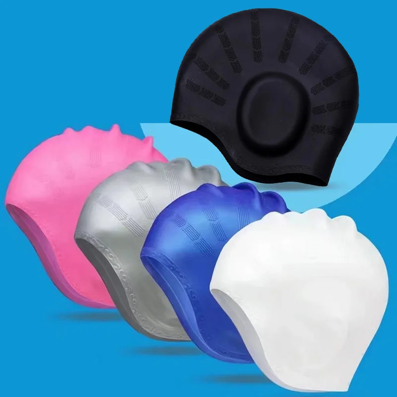 Swimming Cap Ear Protection Cap Solid Color Silicone Waterproof Detachable Durable Large High Elastic Long Hair Swimming Cap 6