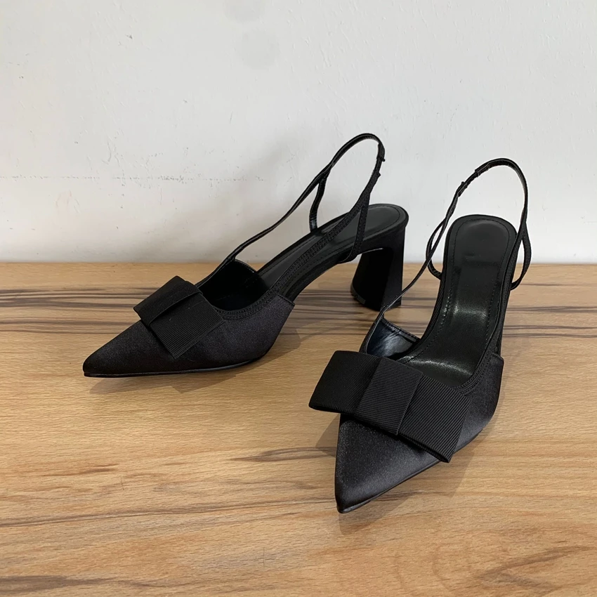 Black Pointed Toe High Heel Women Fashion Bow Elegant Party Dress Shoes Shallow Designer Square Heels Slingback Sandals Female