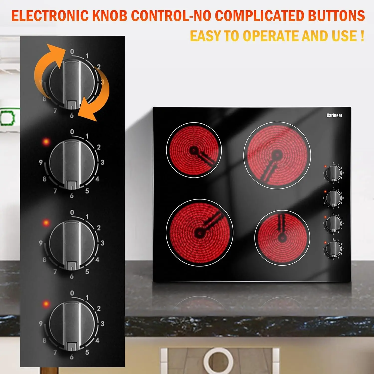 4 Burners Electric Cooktop 24 Inch Built-in 220-240v 6000W Knob Control Residual Heat Indicator