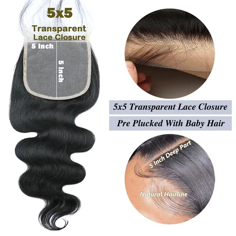5x5 Lace Closure Body Wave Human Hair Pre-Plucked Hairline Brazilian Virgin Hair Transparent Lace Closure For Black Women