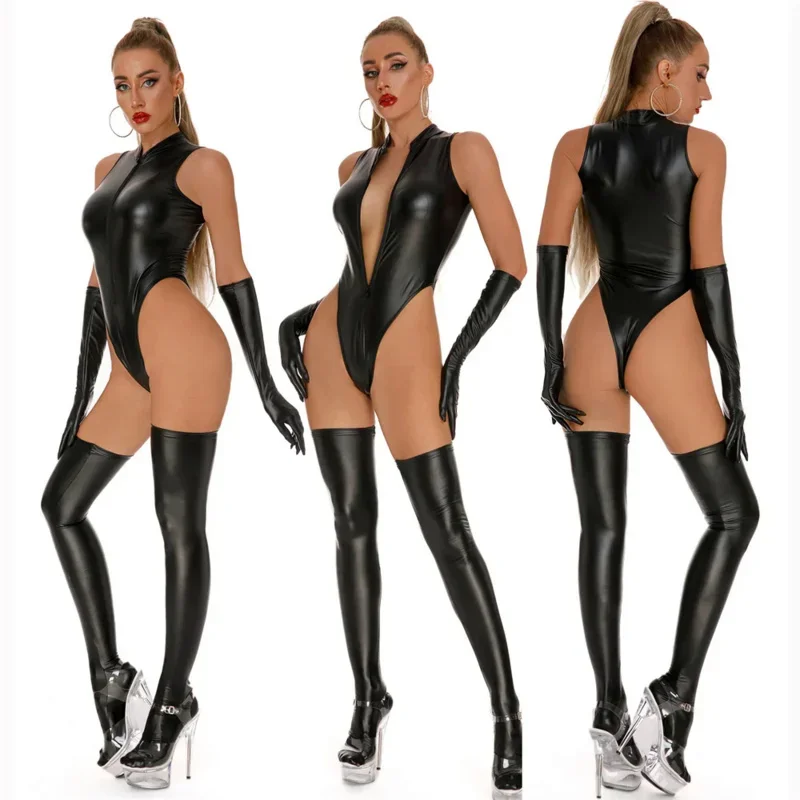 

Sexy Hot Women Black Patent Leather Bodysuit Plus Size Lingerie Sexy Erotic Stockings With Zipper Latex Nightclub Sex Costumes