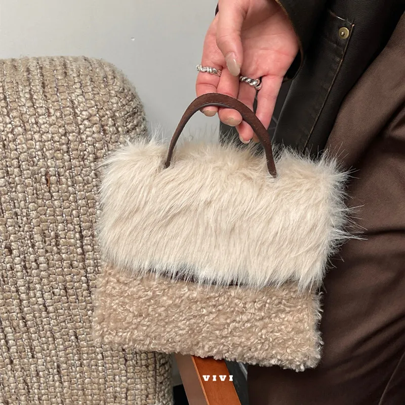 Luxury Fur Tote Bags for Women Fluffy Soft Plush Shoulder Bag 2025 Designer Handbags and Purses Autumn Winter Bucket Shopper New