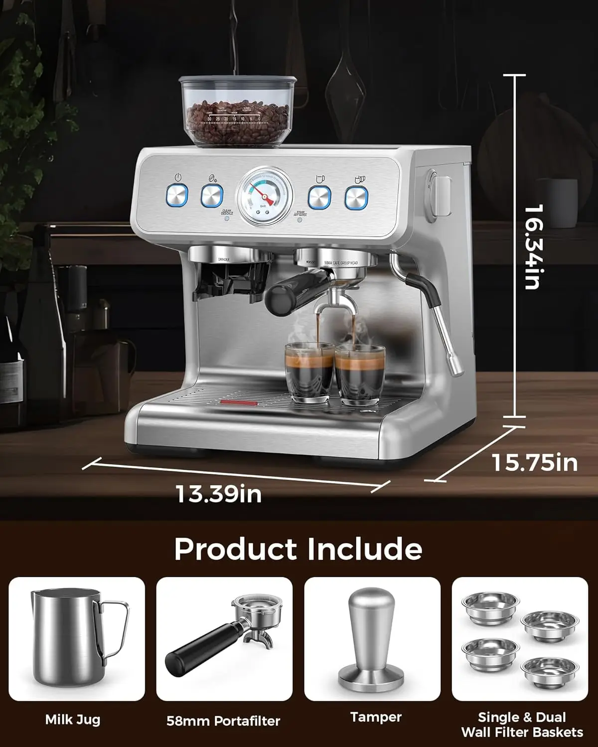 Espresso Machine 15 Bar, Semi-Automatic Espresso Maker with Bean Grinder and Milk Frother Steam Wand 6