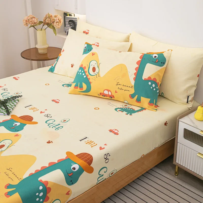 Cartoon Dinosaur Print Children's Room Fitted Sheet Set Comfortable Soft Bedding with Pillowcases Boys and Girls Fitted Sheet 3