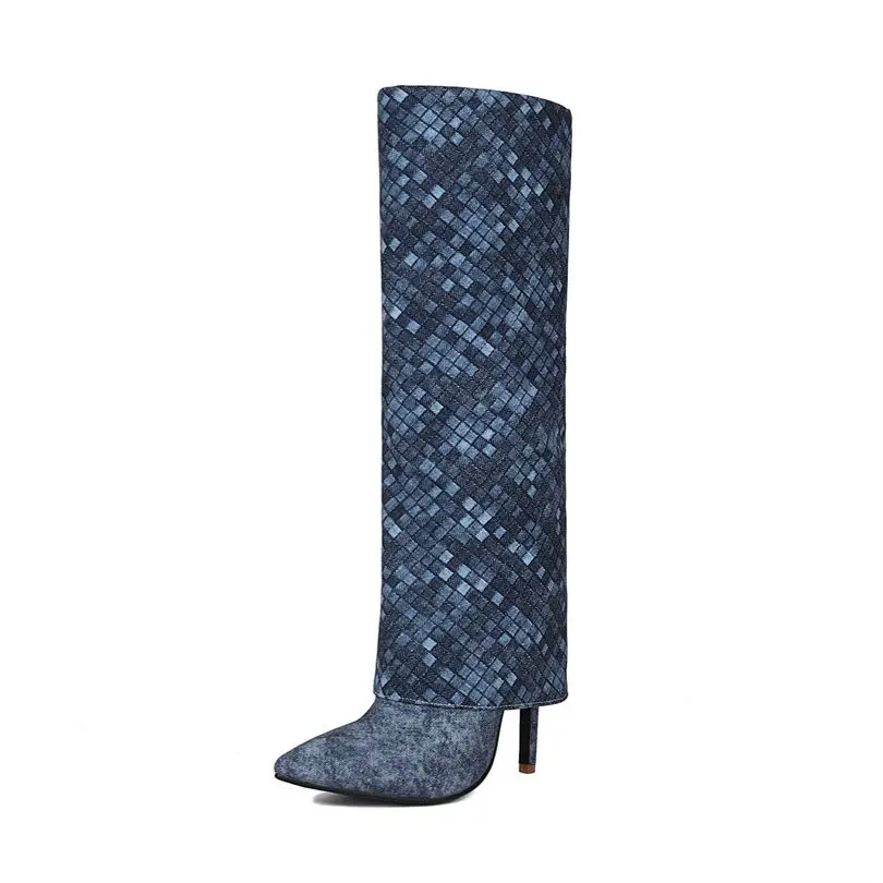 

Denim Women Boots 2023 Winter High Heels Party Platform Sexy Stilettos Rhomboid Woven Knee High Boots Plus Size 47 Dropshopping