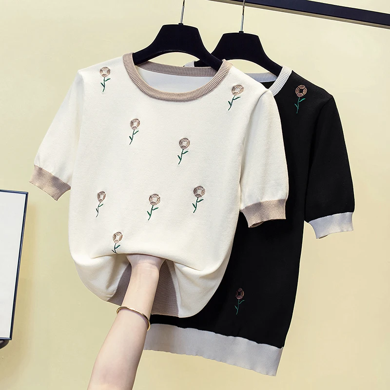 

Black Floral Sweet Short Sleeved Knitted Summer Style Top Fashion Blouses 2023 Cheap Vintage Clothes For Women Female Clothing