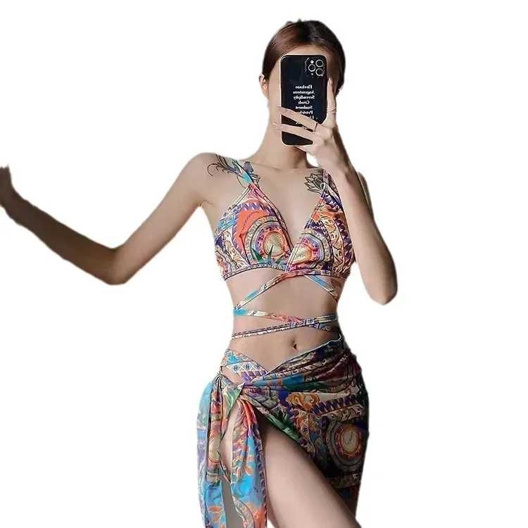 2024 New Sexy Mesh Printed Beach Skirt Three Piece Women's Bikini Swimwear Swimsuit Women Cinjunto De Dos Piezas Mujer