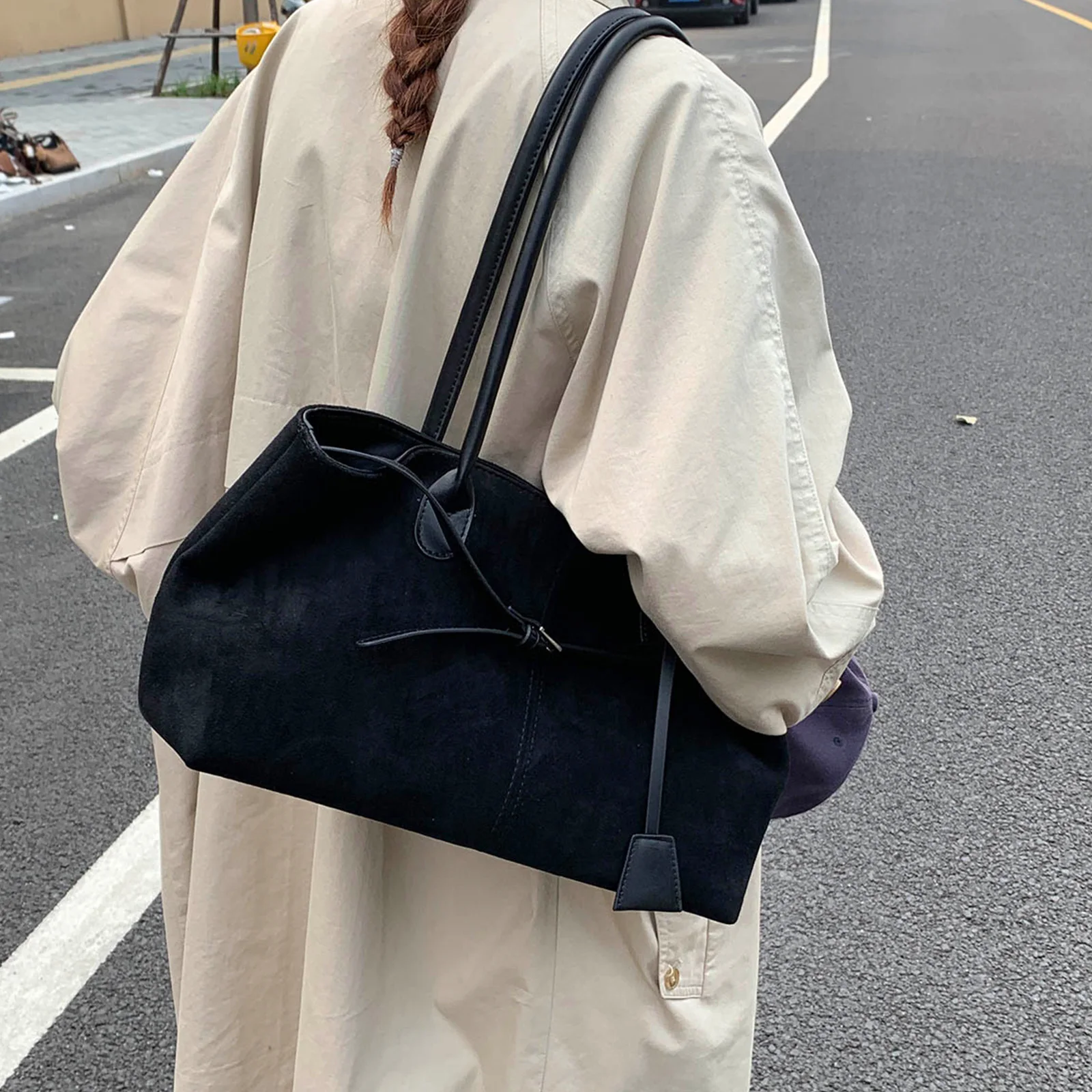 Suede Vintage Underarm Bags Large Belt Top Handle Handbag Armpit Bag for Women Travel Shopping Work