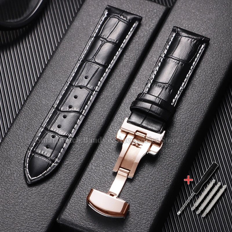 Premium Waterproof Cowhide Leather Watch Strap with Metal Butterfly Buckle