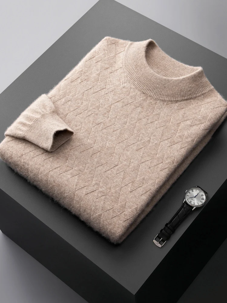 Fashion Men's 100% Pure Cashmere Sweater Semi-High Neck Knitted Pullovers Loose Warm Sweater Youth New Jacket Autumn Winter Tops