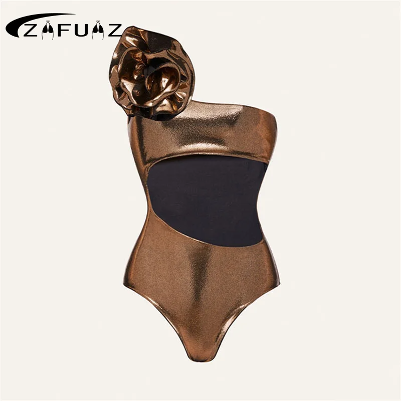 

ZAFUAZ Women 3D Flower 2023 One Piece Single Shoulder Swimwear Cut Out Swimsuit Bathing Suit Brazilian Summer Beachwear Monokini
