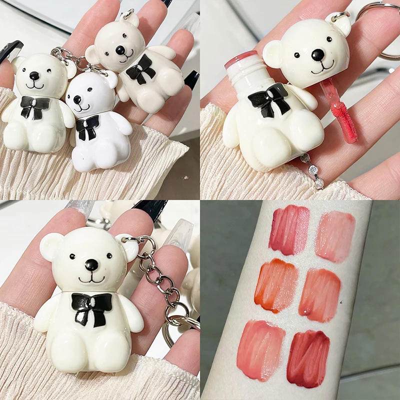 

Cute Bear Keychain Lip Mud Matte Velvet Mousse Grey Pink Lipstick Waterproof Long Lasting Non-Stick Cup Lip Gloss Cosmetic