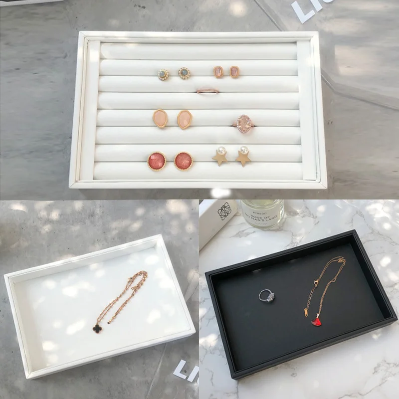 Newly White PU Rings/Flat Jewelry Display Velvet Slots Earrings Rings Tray Organizer Holder Case Box Free Shipping 8 Colors best selling small jewelry necklace tray jewelry organizer earrings rings bracelets flat empty plate jewelry display stand