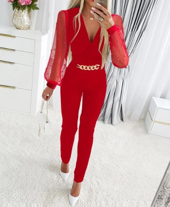 2024 New Women Jumpsuit Casual Pants Chain Decoration Bubble Sleeves Tight fit High Waist Jumpsuit Fresh and Sweet Cute style inflatable moon earth satellite model with led pvc air tight hanging inflatable planet solar system balloon for decoration