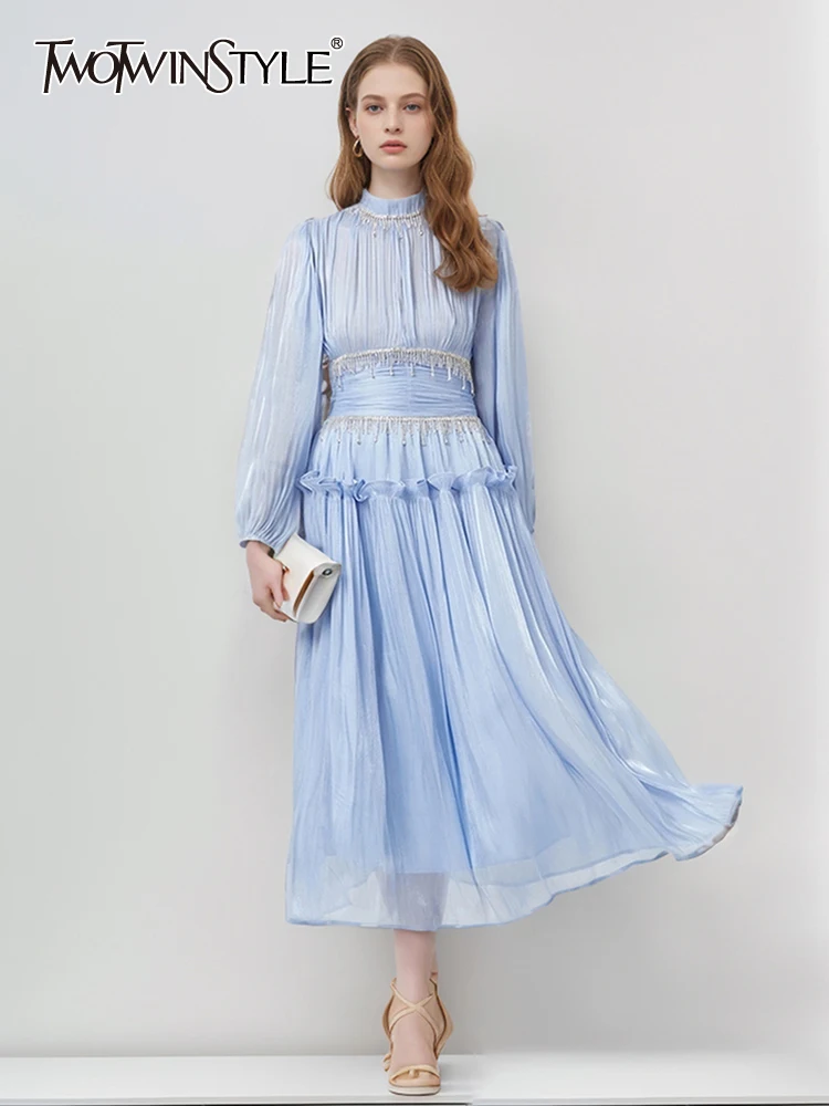 

TWOTWINSTYLE Solid Elegant Spliced Diamonds Dress For Women Stand Collar Long Sleeve Tunic Temperament Dresses Female Clothes