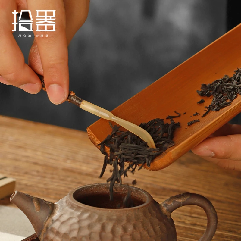 Handmade purple bamboo whip handle ox horn head tea pull tea needle hairpin scoop grilled ceremony six gentleman spa