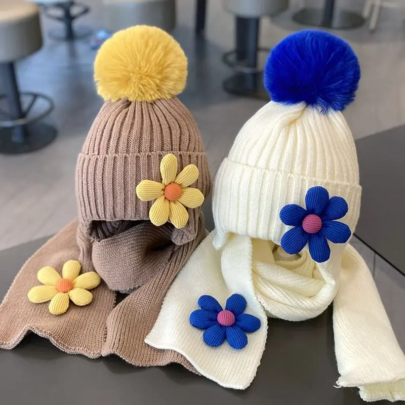 Cute Floral Children Hat Winter Soft Warm Knitted Girl Hats Beanie Solid Color Infant Toddler Cap Bonnet Kids Caps 1-5 Years Old